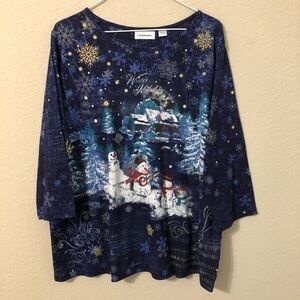 I.B. Diffusion Top Winter Melody Snowmen Christmas Blue White Long Sleeve NWT